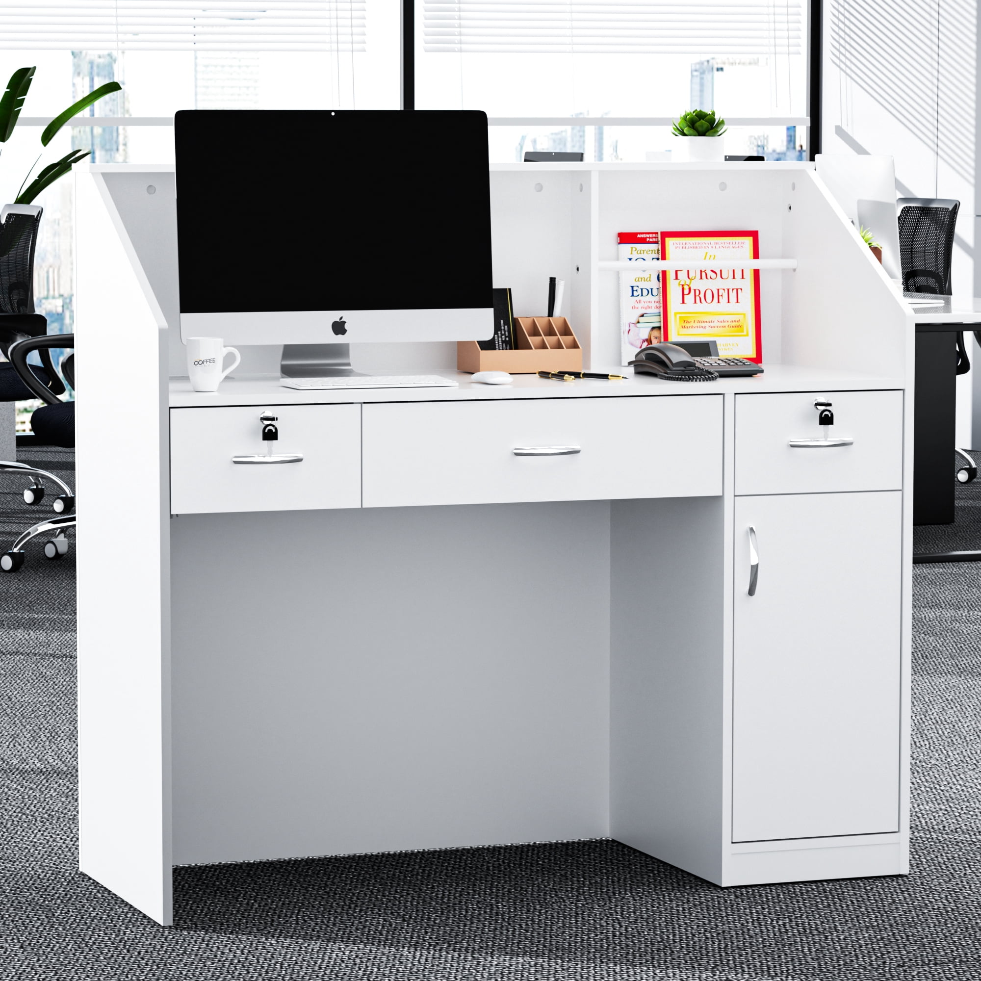 AHB 50-inch Reception Desk with Counter, Front Desk Office Desk with Storage Shelves, White