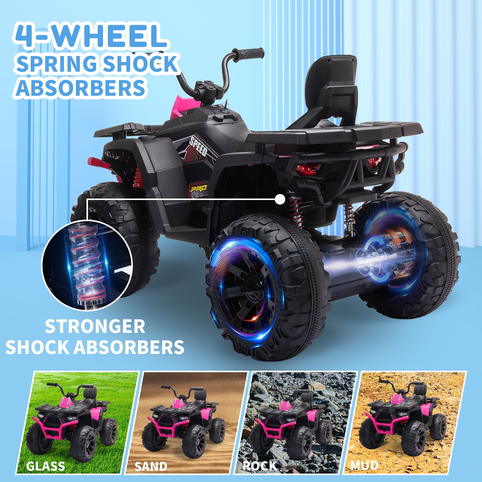 Joyracer 24V Kids Ride on ATV with 2 Seater, 2* 200W Motor 9AH Battery Powered Electric Car w/ LED Lights, High & Low Speed, Music, Suspension, Ride on Toy 4 Wheeler Quad for Boys Girls, Rose Red