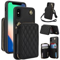 Crossbody Wallet Case for iPhone X XS, RFID Blocking Zipper Handbag Purse Flip Cover, Kickstand Folio Case Card Slots Holder Wrist Strap Lanyard