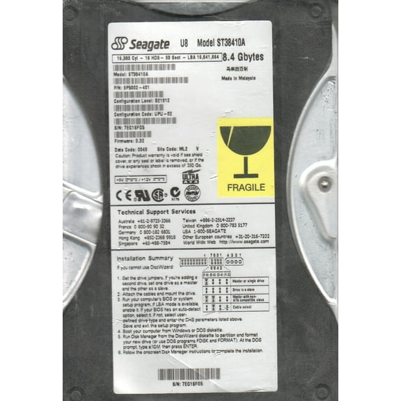 ST38410A, SEG, ML2, PN 9P5002-401, FW 3.32, Seagate 8.4GB IDE 3.5 Hard Drive