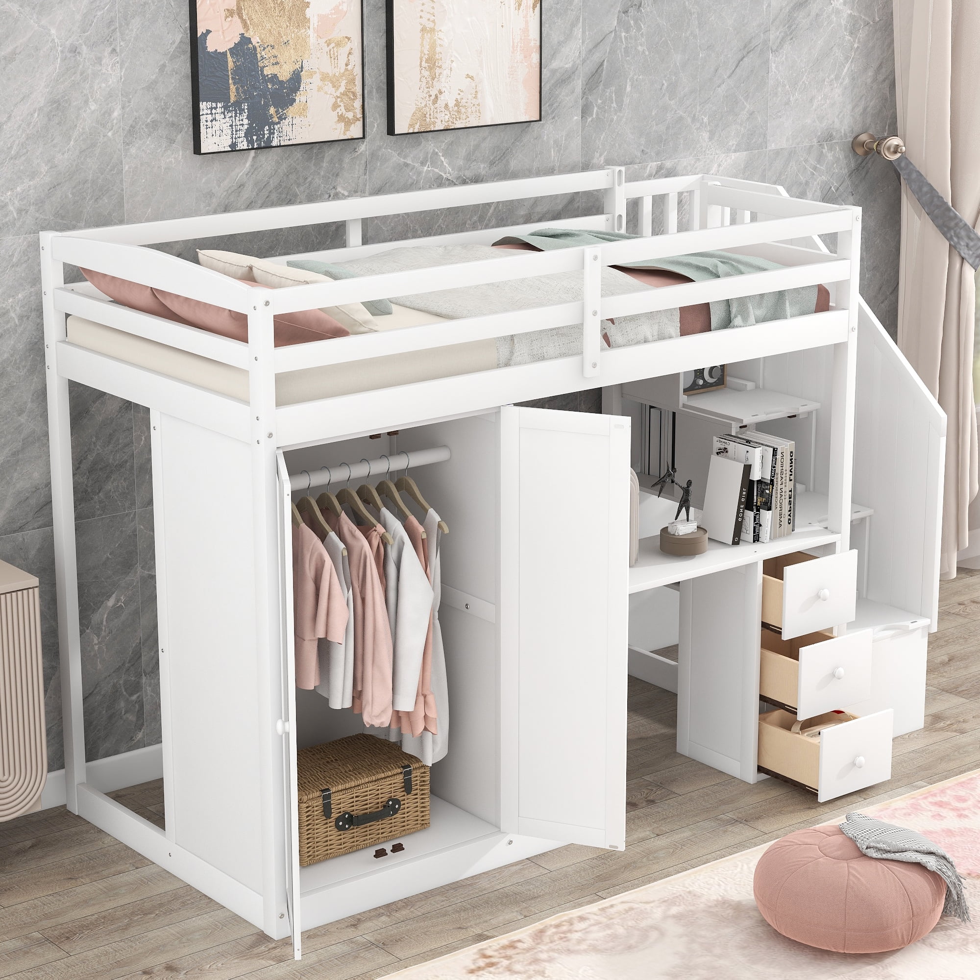 Twin Size Loft Bed with Wardrobe and Staircase, Solid Wood Loft Bed
