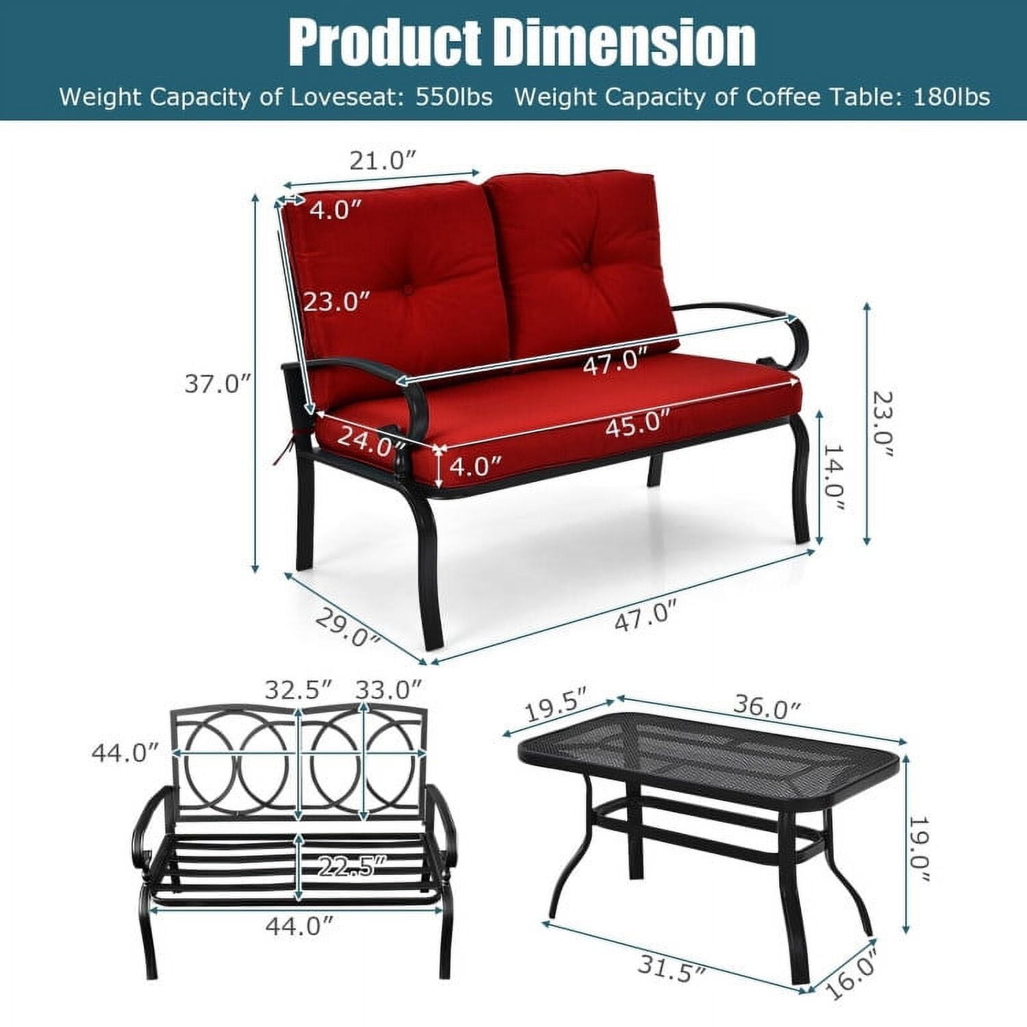 Aimee Lii 2 Pieces Outdoor Patio Furniture Set for Backyard and Poolside, Patio Conversation Sets, Red