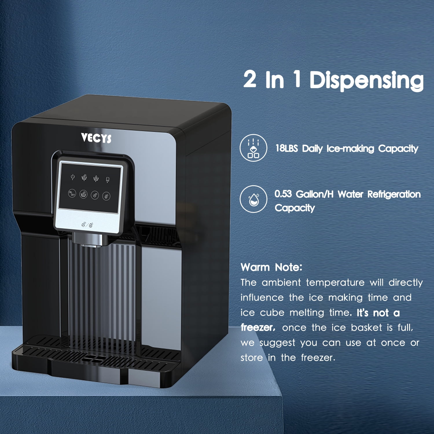 VECYS Countertop Cold Water Cooler with Ice, 18LB Daily Ice Production and Bottleless