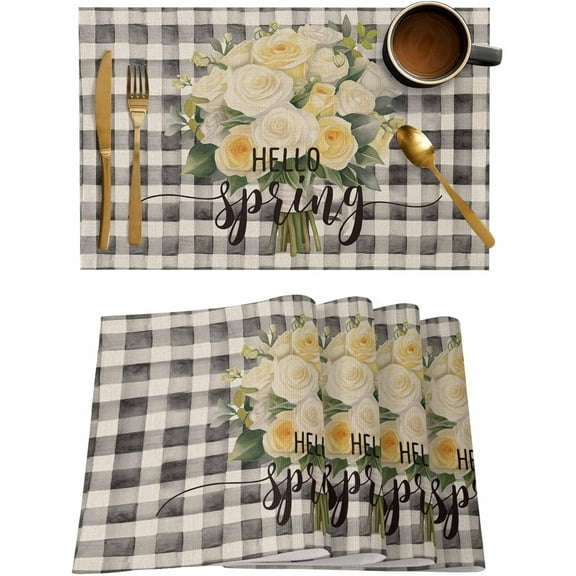 Spring Rose Flower Placemats Set of 4,Washable Woven Burlap Cloth Fabric Placemat for Square/Rectangle/Round/Oval Dining Table,Easy Clean Place Mats for Toddlers,Kids Retro Black White Buffalo Plaid