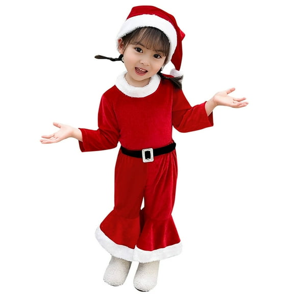 Jamsmile Toddler Girls Christmas Outfits Sets Clothes Long Sleeve Cute Shirts   Pants Outfits 3PC With Santa Hats Xmas Outfits