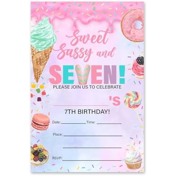 7th Birthday Invitations Girls 7 Year Old Birthday Invites Sweet Sassy and Seven Birthday Invites Fill-in (20 Invitations with Envelopes)$$Home Decor, Kitchen, & Other