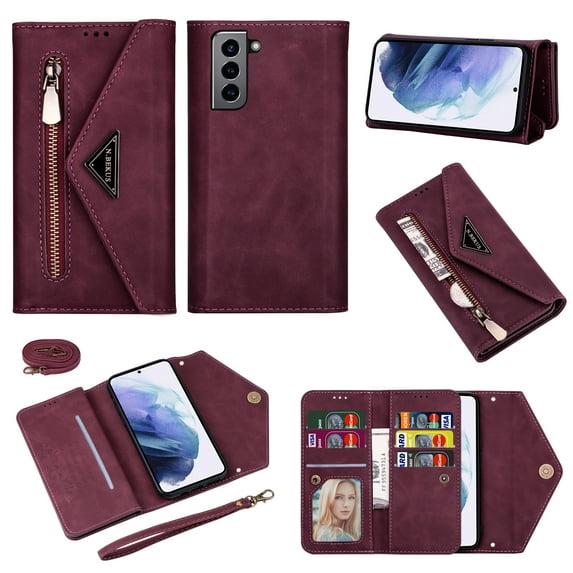 Nalacover for Samsung Galaxy S21 FE Wallet Case,360 Protection PU Leather Soft TPU Magnetic Flip Folding Kickstand Card Slots Zipper Pocket Shockproof Cover with Crossbody Shoulder Strap.Winered