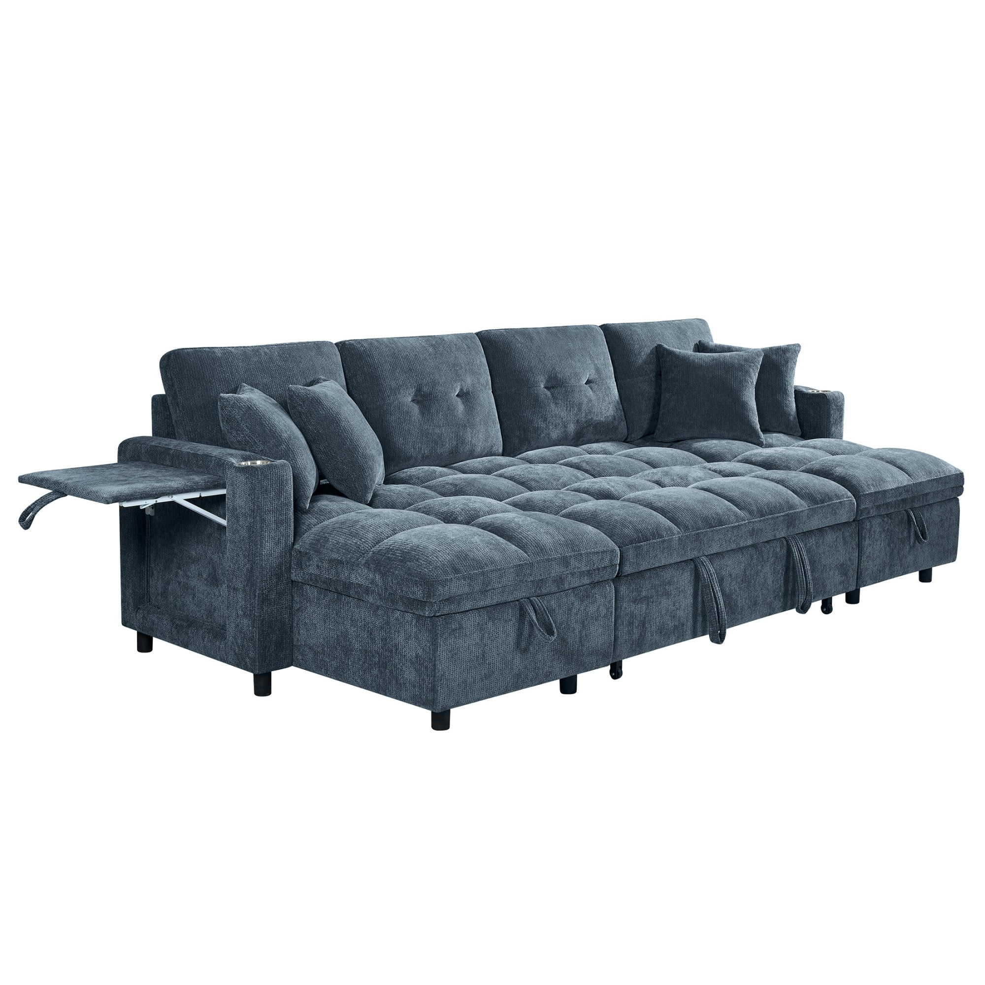 DEALTOPS 108" Chenille U-Shaped Sectional Pull Out Sleeper Sofa Bed with Storage Chaise, USB & Tray Table, Blue