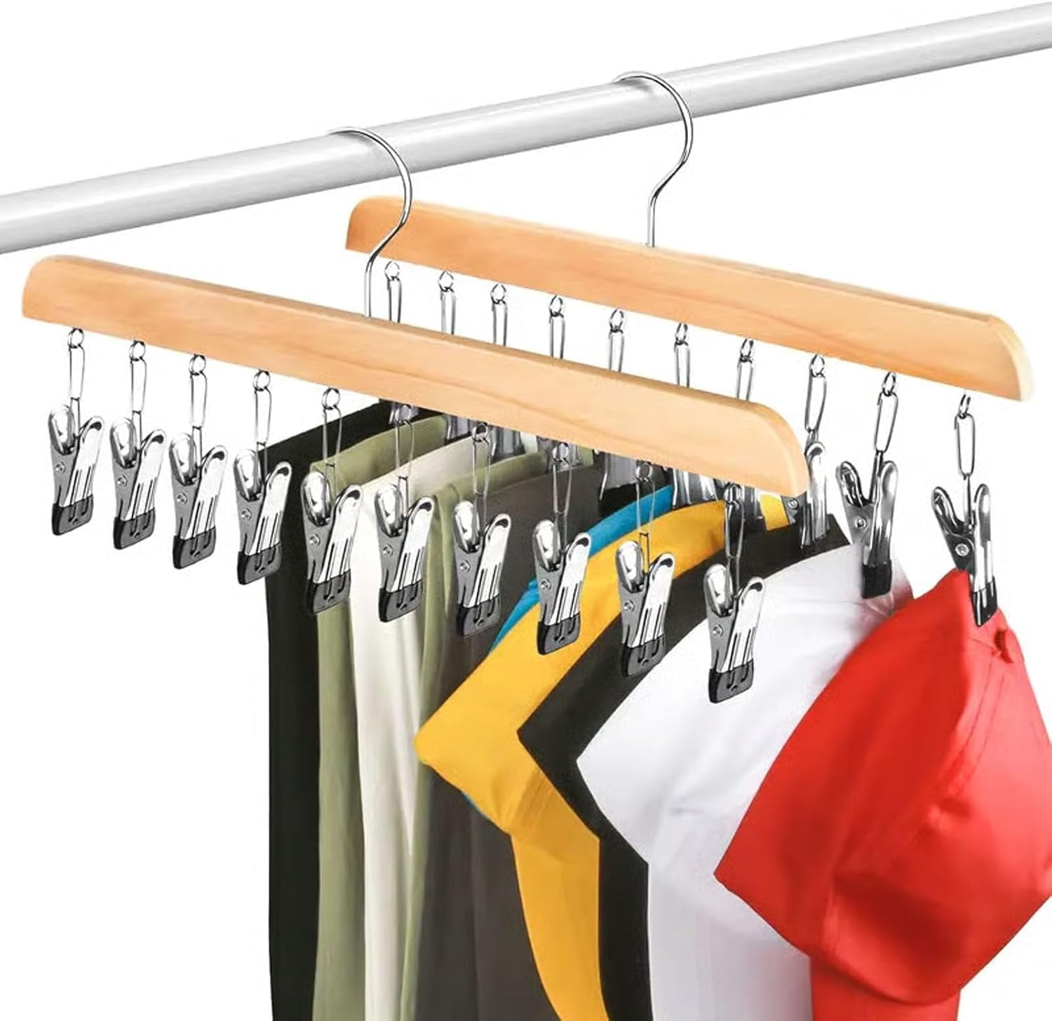 Wooden Rotating Pants Hanger with 10 Clips – Space-Saving Closet Organizer for Pants and Leggings, 360° Swivel Design