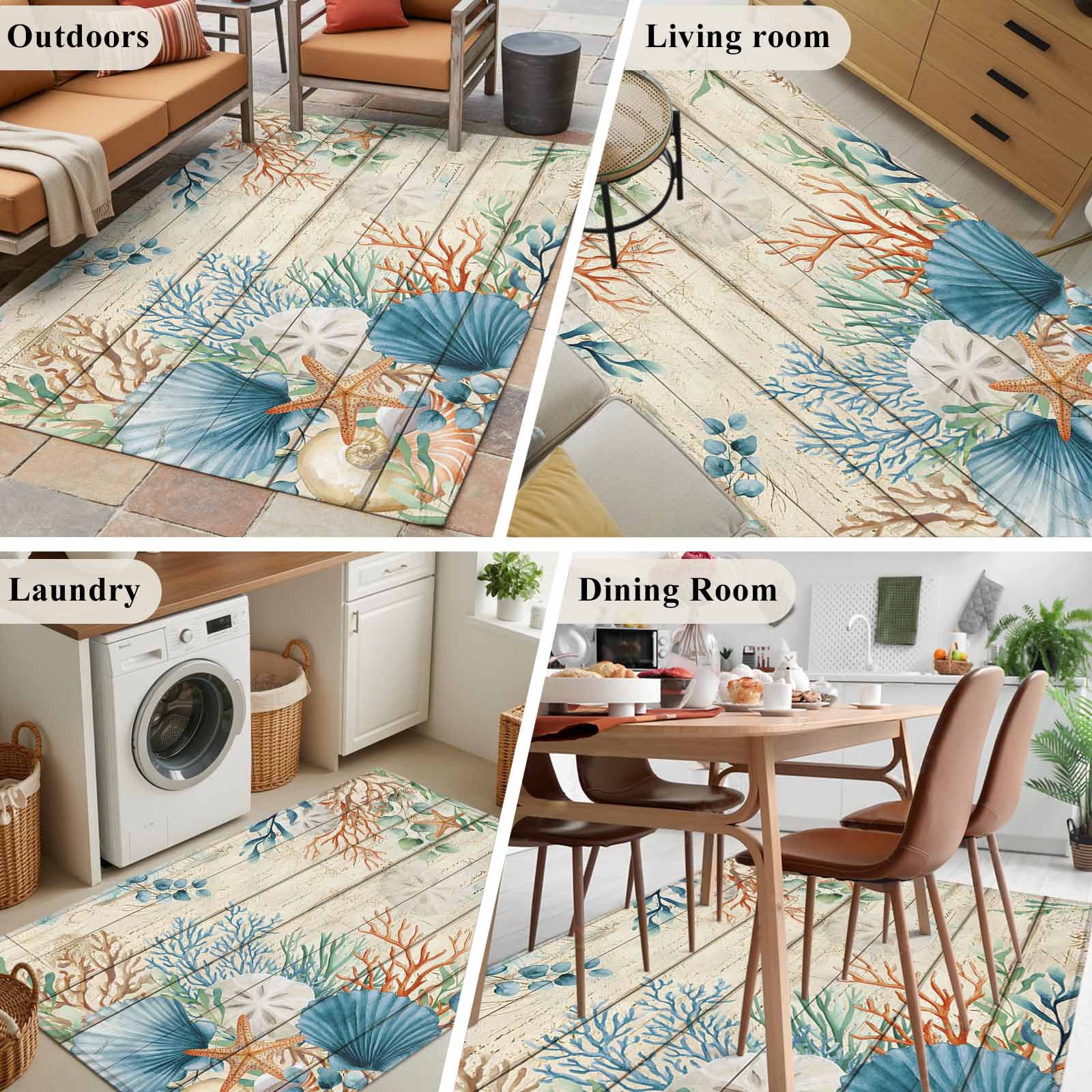 Rectangle Area Rugs 2.7 x 5 Ft, Beige Beach Coastal Non-Slip Residential Carpet, Summer Nautical Coral Shell Botanical Vintage Indoor Crawling Mats Runner Rugs for Living Room/Dining Room/Bedroom