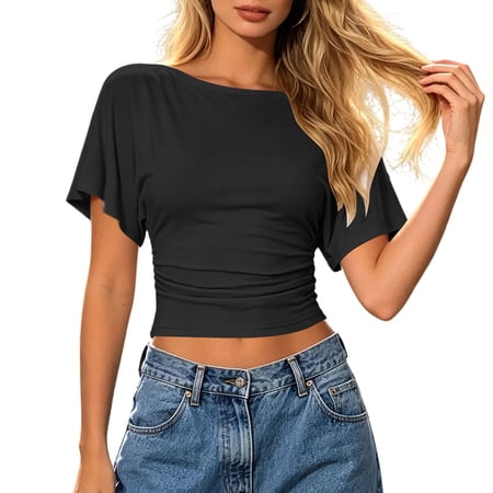 Womens Tshirts Solid Round Neck Short Sleeve Summer Waist Tie Wrap Casual Fashion Top Womens Blouses
