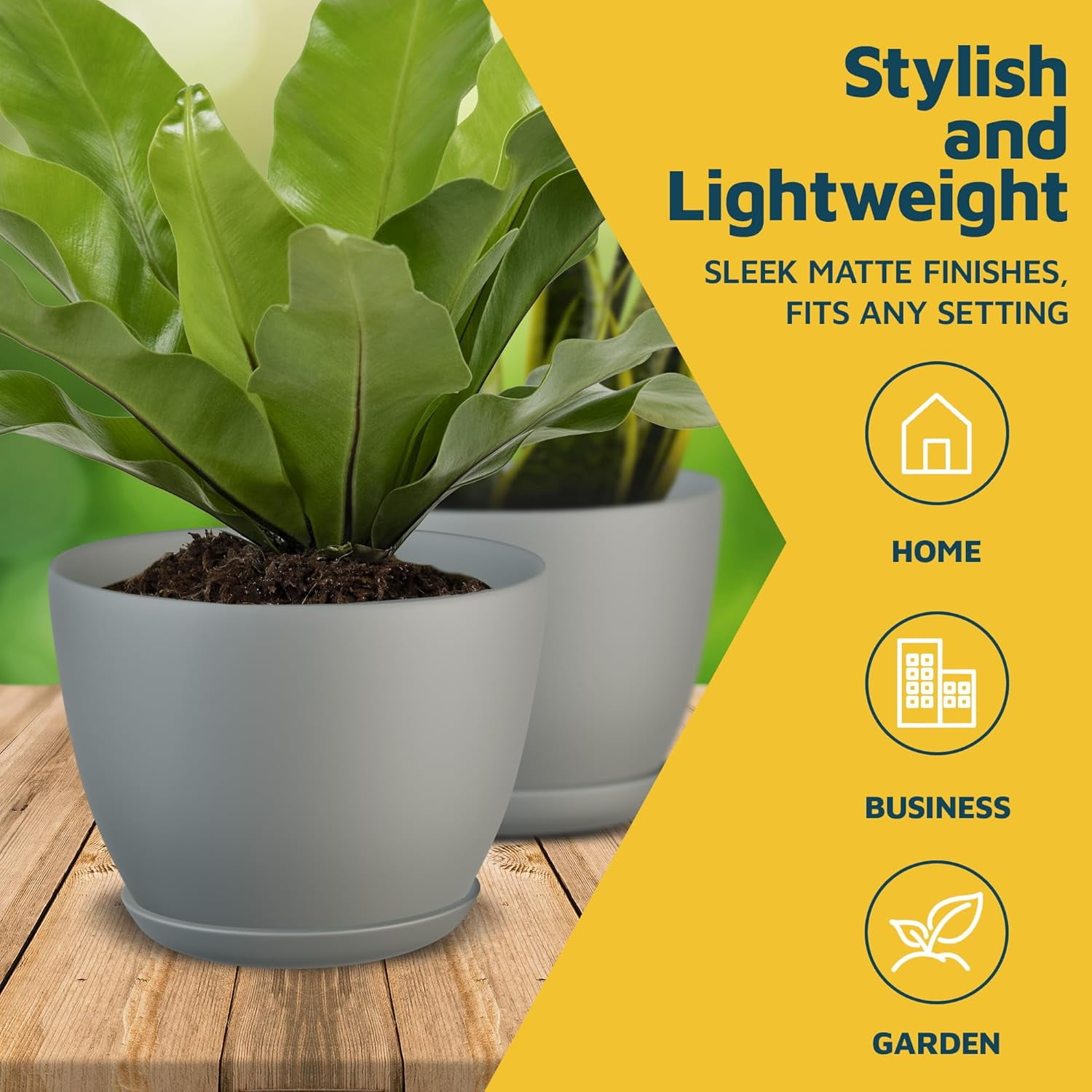 Gray Plant Pots with Drainage Holes & Saucers 15 Packs, Indoor & Outdoor Stackable Plastic Planters in Multiple Sizes for Houseplants & Flowers, Durable & Weatherproof Materials, Matte Finish