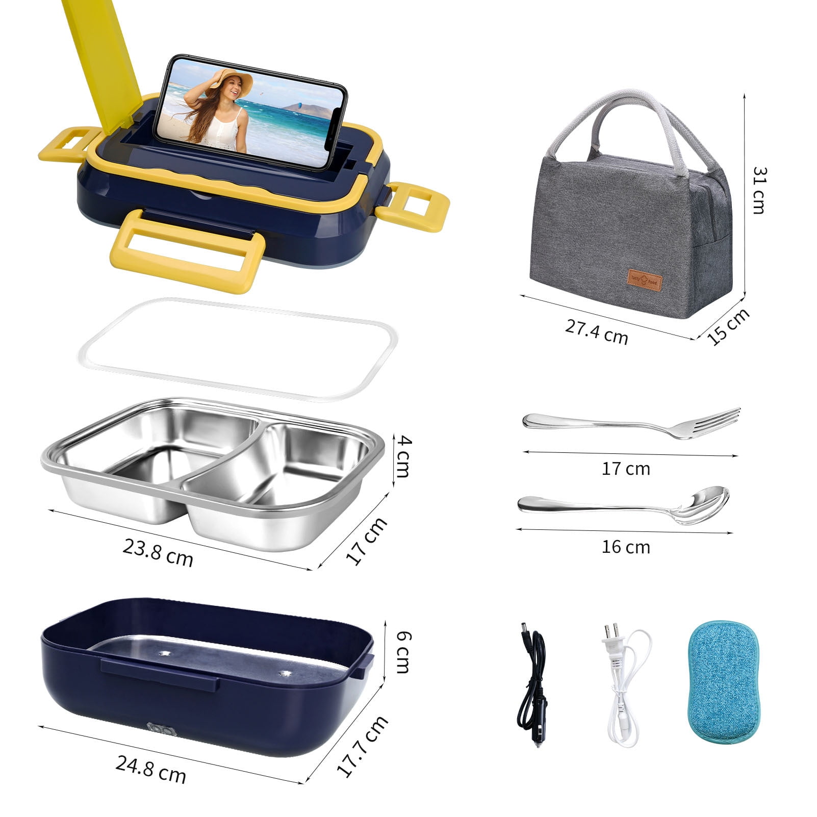 Aynaxcol Electric Lunch Box with Fork Spoon & Bag, 3 in 1 Portable