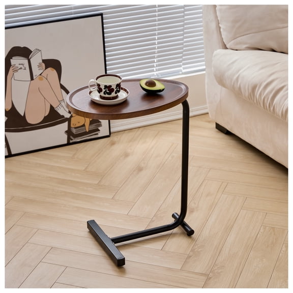 Brown C-shaped Side Table, Small Sofa Table for Living room