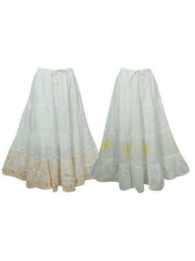 Mogul 2pc Women's Cotton Skirt Elastic Waist A-Line Flared Long Skirts