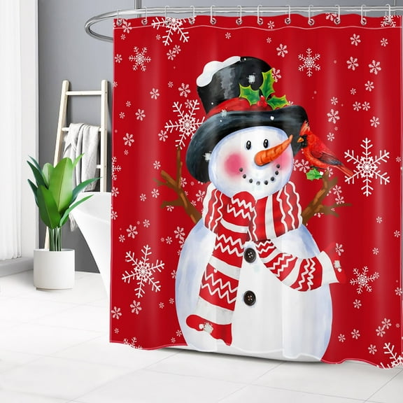 HVEST Funny Snowman Shower Curtain for Bathroom, Christmas Cardinal with Snowflake on Red Fabric Shower Curtain with Hooks, Winter New Year Holiday Bathroom Curtain Shower Set, 72"W x 72"L