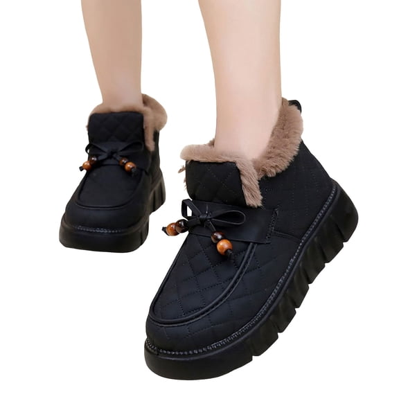 Women's Platform Winter Boots Cute Beaded Bow High Top Slip on Platform Snow Booties Casual Cold Weather Warm Loafers Black Size 7