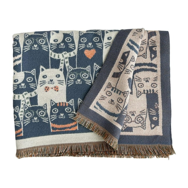 Bufanda de cachemira sintética con estampado de gato grande, chal de pashmina, bufanda gruesa para mujer Azul