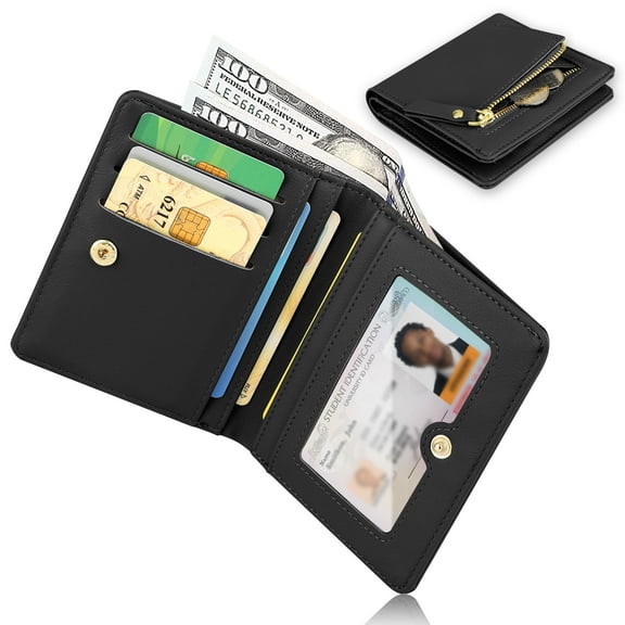 PU Leather Wallet for Women,Short Bifold Purse with Zipper Pocket, Card Holder, Black
