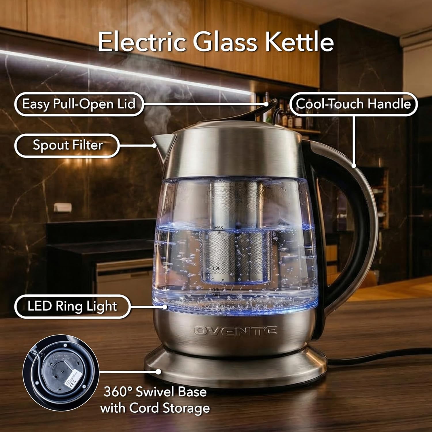 OVENTE Electric Glass Kettle Hot Water Boiler 1.8 Liter BPA Free 1500W, Set Temperature Control, Auto Shut Off, Portable Tea Kettle & Instant Water Heater + Stainless Steel Infuser - KG6610S
