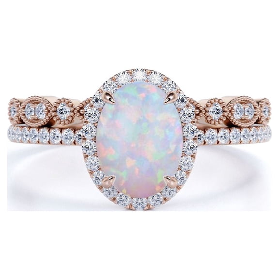 JeenMata Vintage 1.75 ct Oval Cut Opal and Moissanite Wedding Ring Set in 18K Rose Gold over Silver