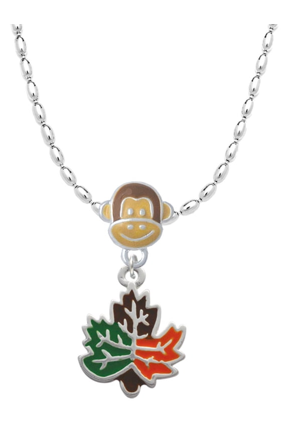 Silvertone Large Enamel Fall Leaf Mia Monkey Charm Necklace