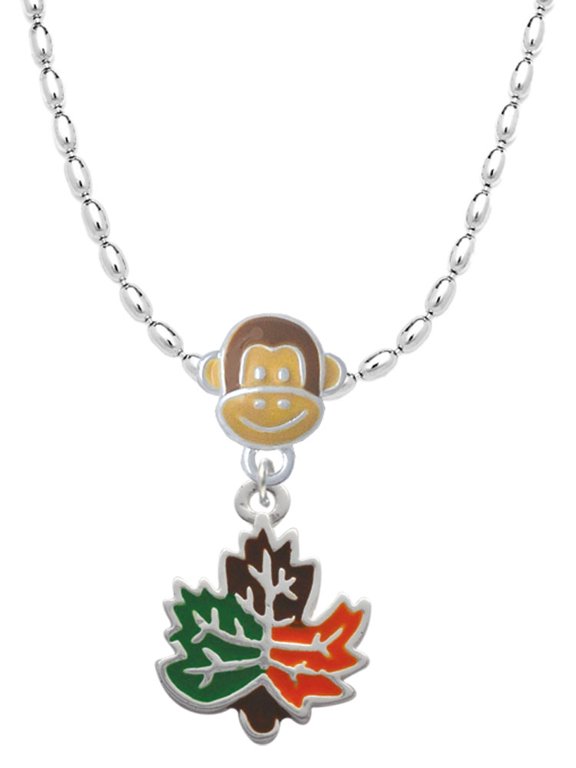 Silvertone Large Enamel Fall Leaf Mia Monkey Charm Necklace