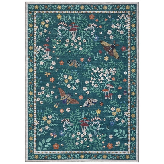 Washable Botanical 8'x10' Area Rugs for Living Room, Non-Slip Boho Floral Bedroom Rug, Low Profile Soft Faux Wool Carpet for Dining Room