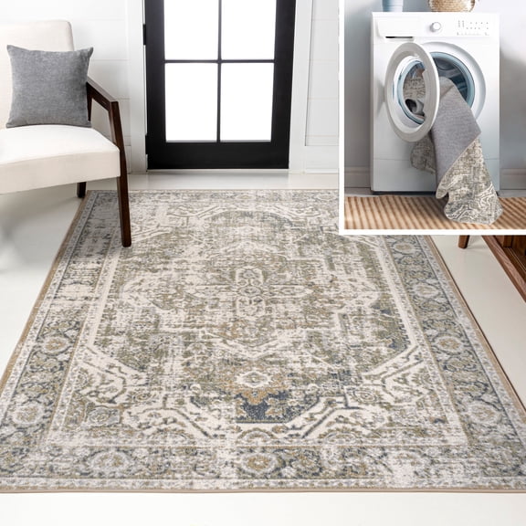 JONATHAN Y WASHABLE 8 x 10 Area Rug, Keesha Bold Distressed Medallion - Green/Cream, WSH316C-8