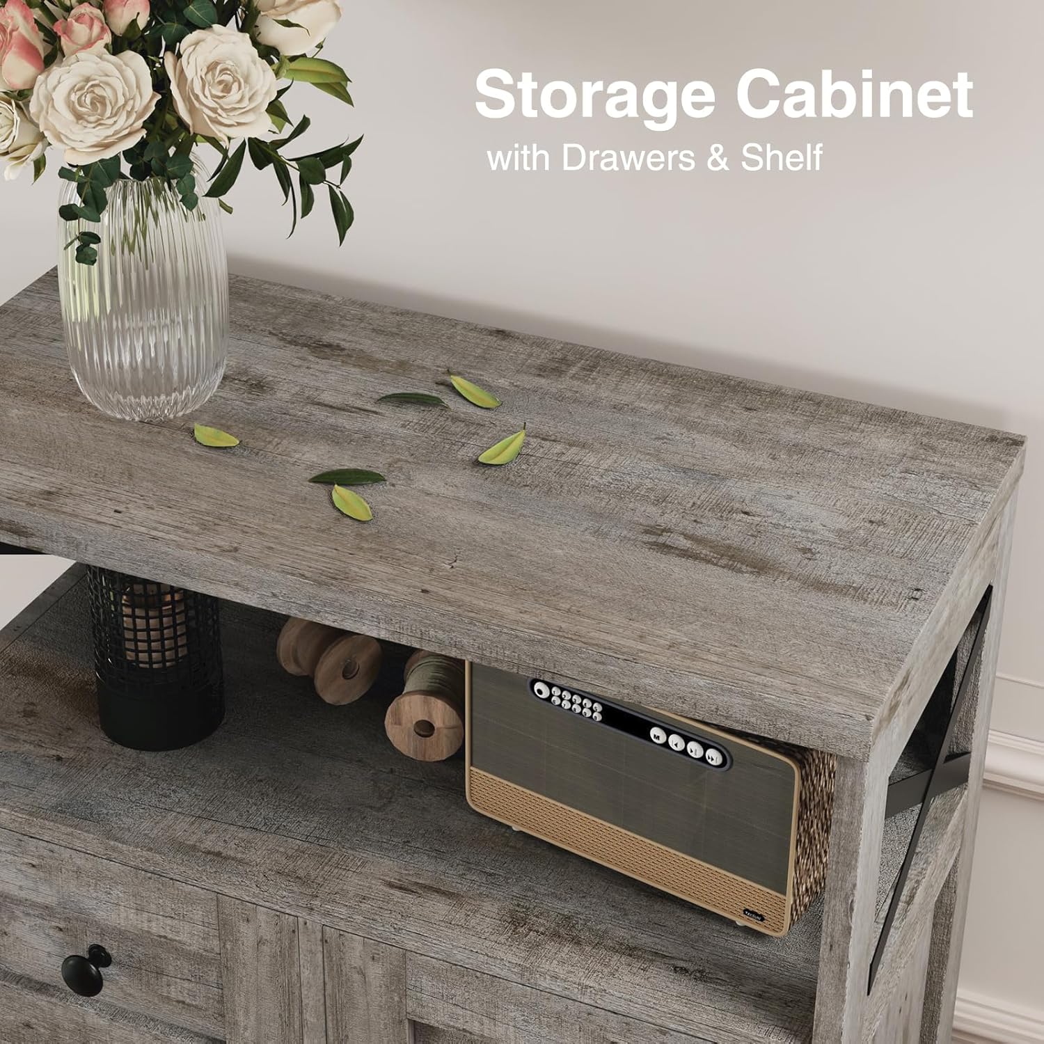 Farmhouse Storage Cabinet with Drawers and Adjustable Shelves, Freestanding Kitchen Pantry Storage Cabinet, Floor Storage Cupboard for Dining Living Room Home Office, Washed Grey