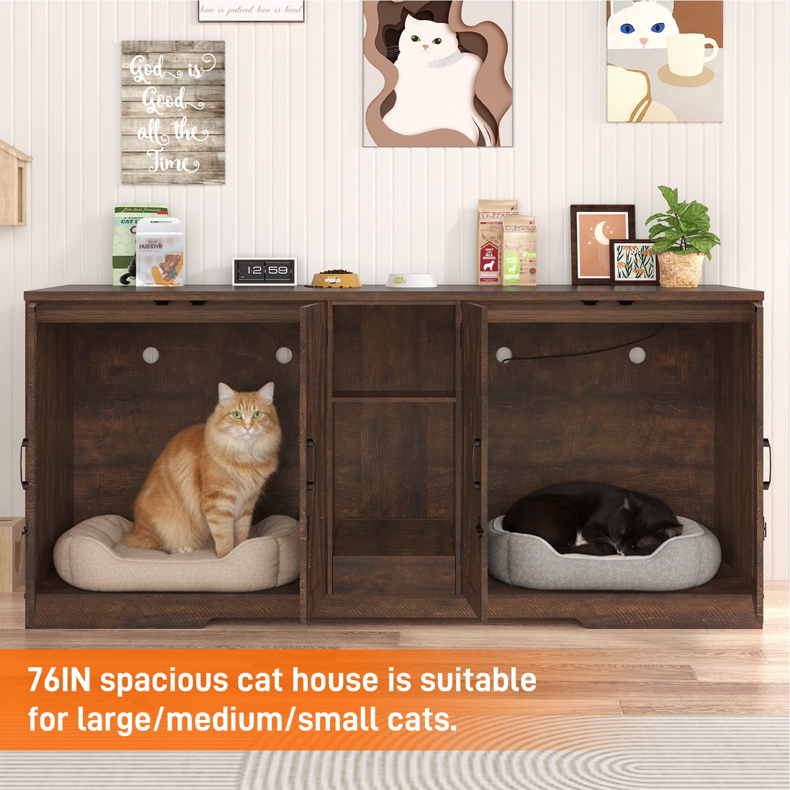Blotout 77" Large Cat Litter Box Enclosure for 2 Cats with Power Outlets, Litter Box Furniture Hidden with Double Room, Wooden Cat Washroom Furniture with Lockable Door, Cats House, Brown