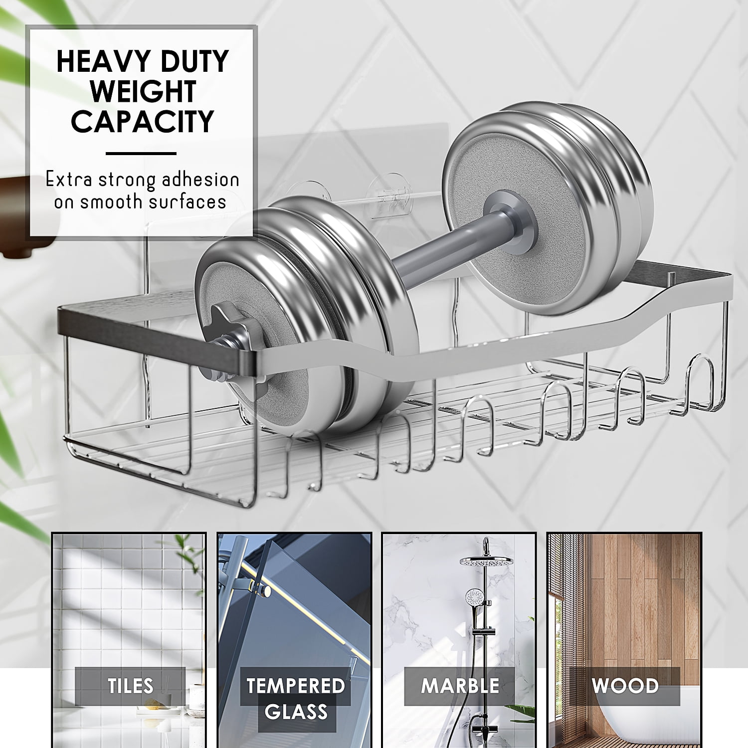 Virtu 5 Pack Adhesive Steel Shower Caddy Organizer, Heavy Duty Stainless Steel Rustproof Shower Caddy, Silver Chrome