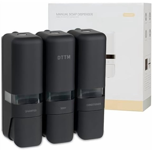 3-in-1 Wall Mounted Shampoo, Conditioner & Body Wash Dispenser – Refillable Shower Soap Dispenser for Bathroom, Home, Hotel,- Matte Black, Lockable Design, Stick-On Installation, 250ml x 3 Chambers