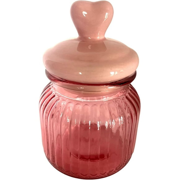 JLIM-Valentine's Ribbed Glass Container Pink (1) With Matching Ceramic Cover Heart Shaped Top For Candy, Snacks, Pet Treats, Cottonballs, QTips Storage