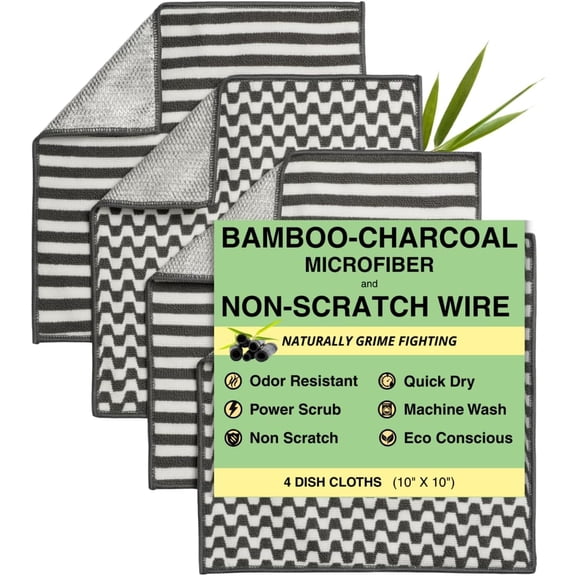 Dish Cloths for Washing Dishes 4pk | No-Smell Dish Rags with Non-Scratch Wire Scrubber Side for Kitchen Cleaning | Grime-Fighting Bamboo-Charcoal Microfiber 2-Sided Dishrags by Gracie West