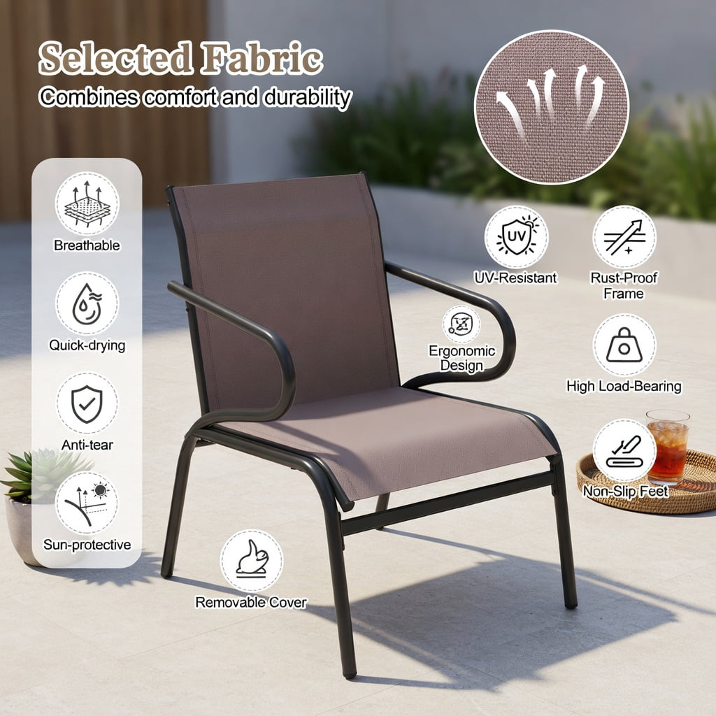 Hommoo Modern Outdoor Patio Chairs Set of 2, Breathable Fabric, Heavy-Duty Metal Frame, Ergonomic Design for Porch, Deck, Poolside & Garden, Black & Brown