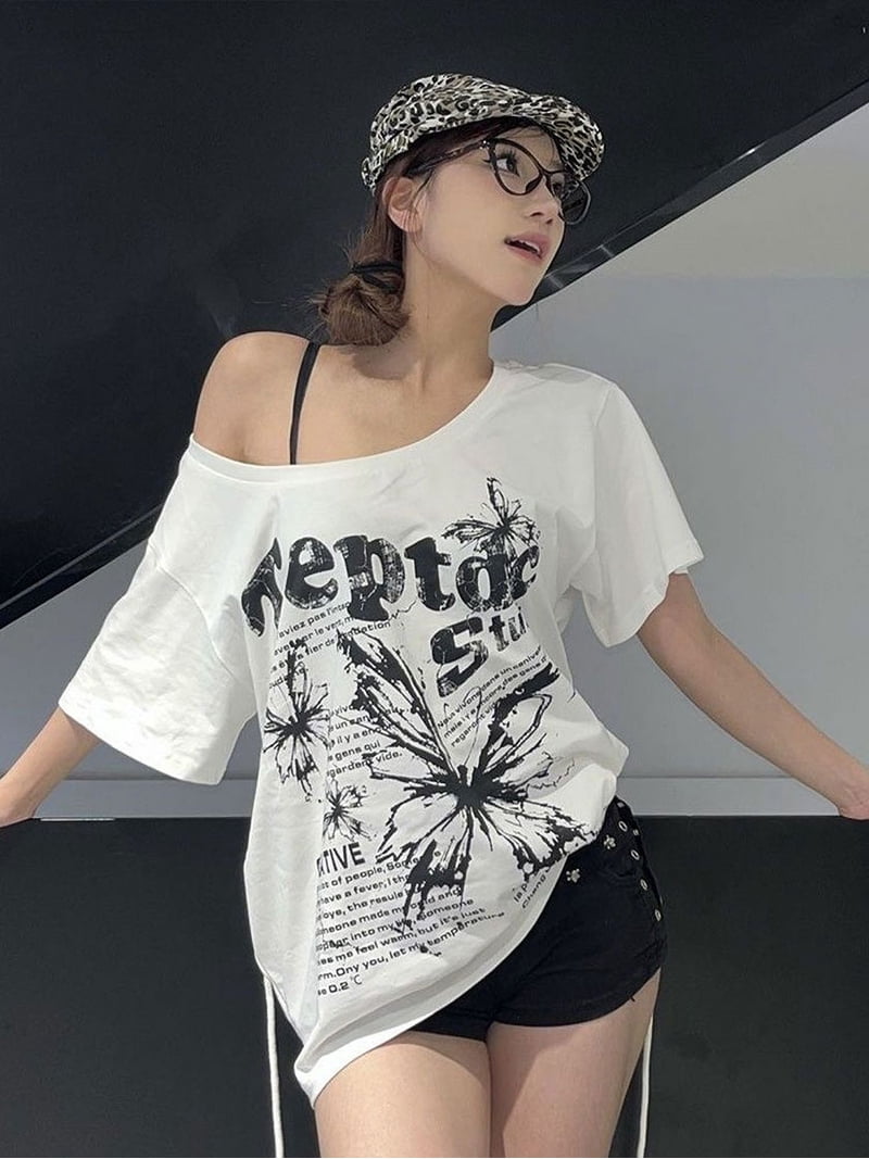 White 100% Cotton Y2k Vintage Oversize Off shoulder Short sleeve T 