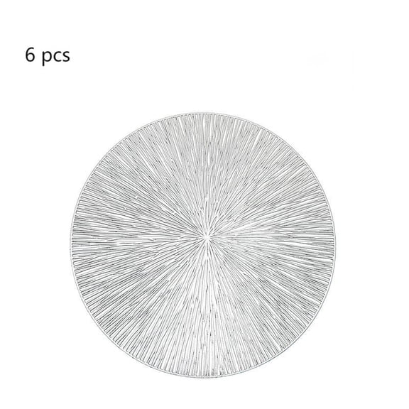 Sinkoo Placemats Set of 6, 15" Silver Hollow Round Placemats Metallic Table Mats, Waterproof Non-Slip Easy Clean Place Mats for Home Dining Wedding Party Decor