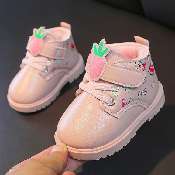 eczipvz Toddler Shoes Fashionable Children's Fashion Boots Girls' English Style Single Boots Fruit Printing Cotton Size 11 Toddler Girl Boots (Pink, 5 Little Child)