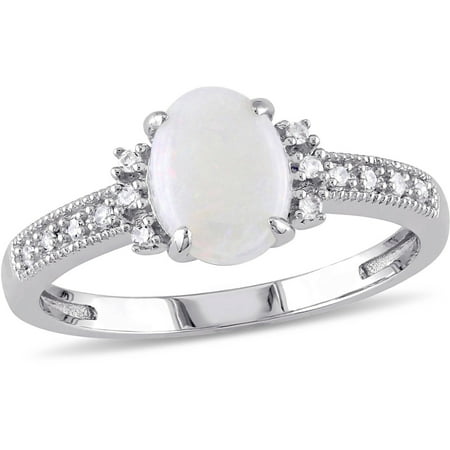 - 5/8 Carat T.G.W. Opal and Diamond-Accent 10kt White Gold Cocktail Ring