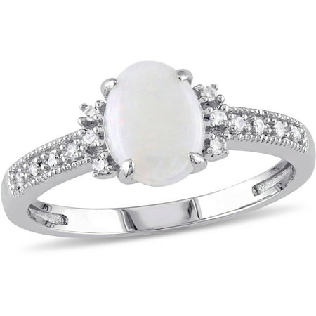 5/8 Carat T.G.W. Opal and Diamond-Accent 10kt White Gold Cocktail Ring