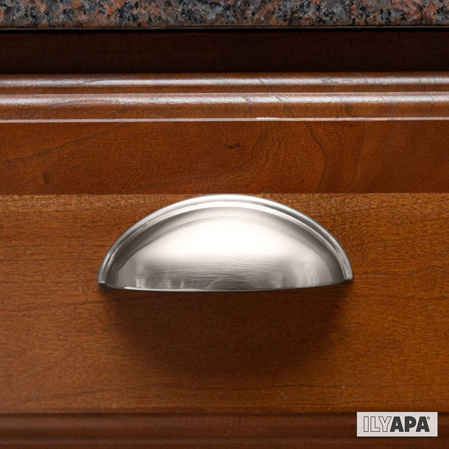 Ilyapa Satin Nickel Kitchen Cabinet Pulls - 3 Inch Hole Center Bin Cup Drawer Handles - 10 Pack of Kitchen Cabinet Hardware - New Design ?