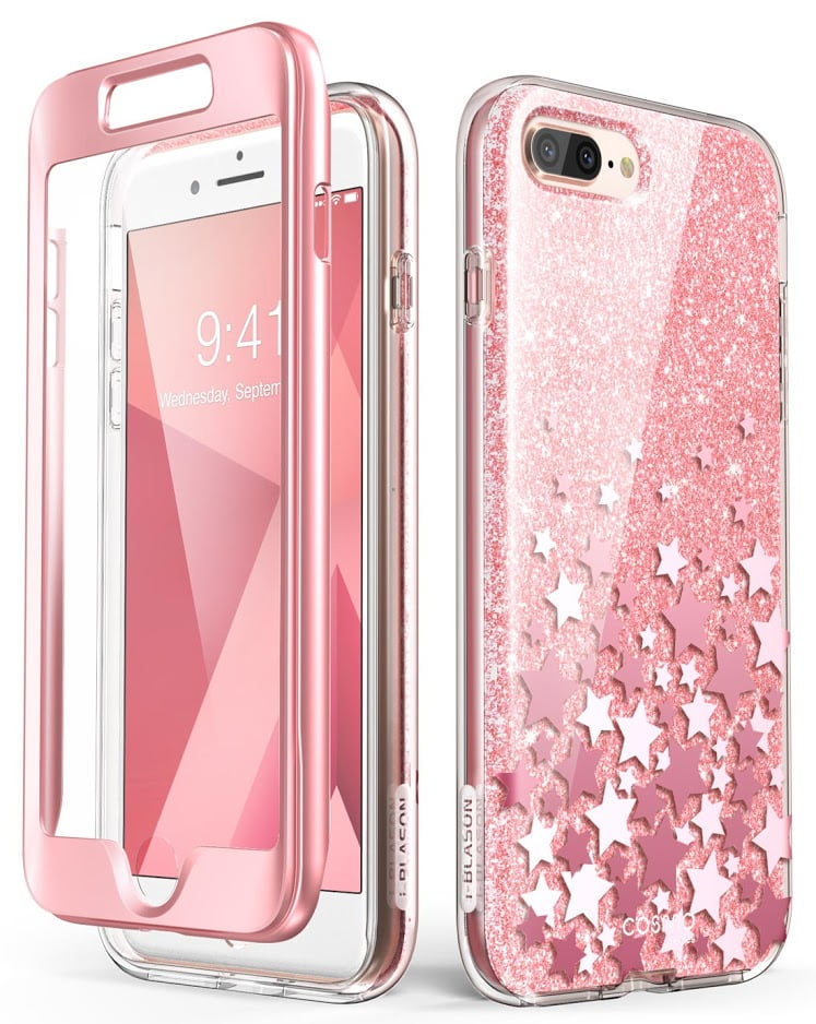 i-Blason [Built-in Screen Protector] [Cosmo] Glitter Clear Bumper Case for iPhone  Plus  iPhone Plus (Pink)