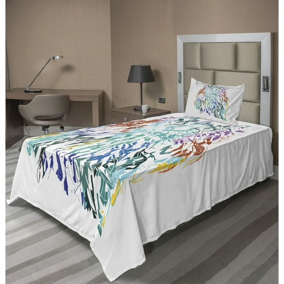 Ambesonne Colorful Fitted & Top Sheet Set with Sham, Feathers Eyes Vision, Multicolor