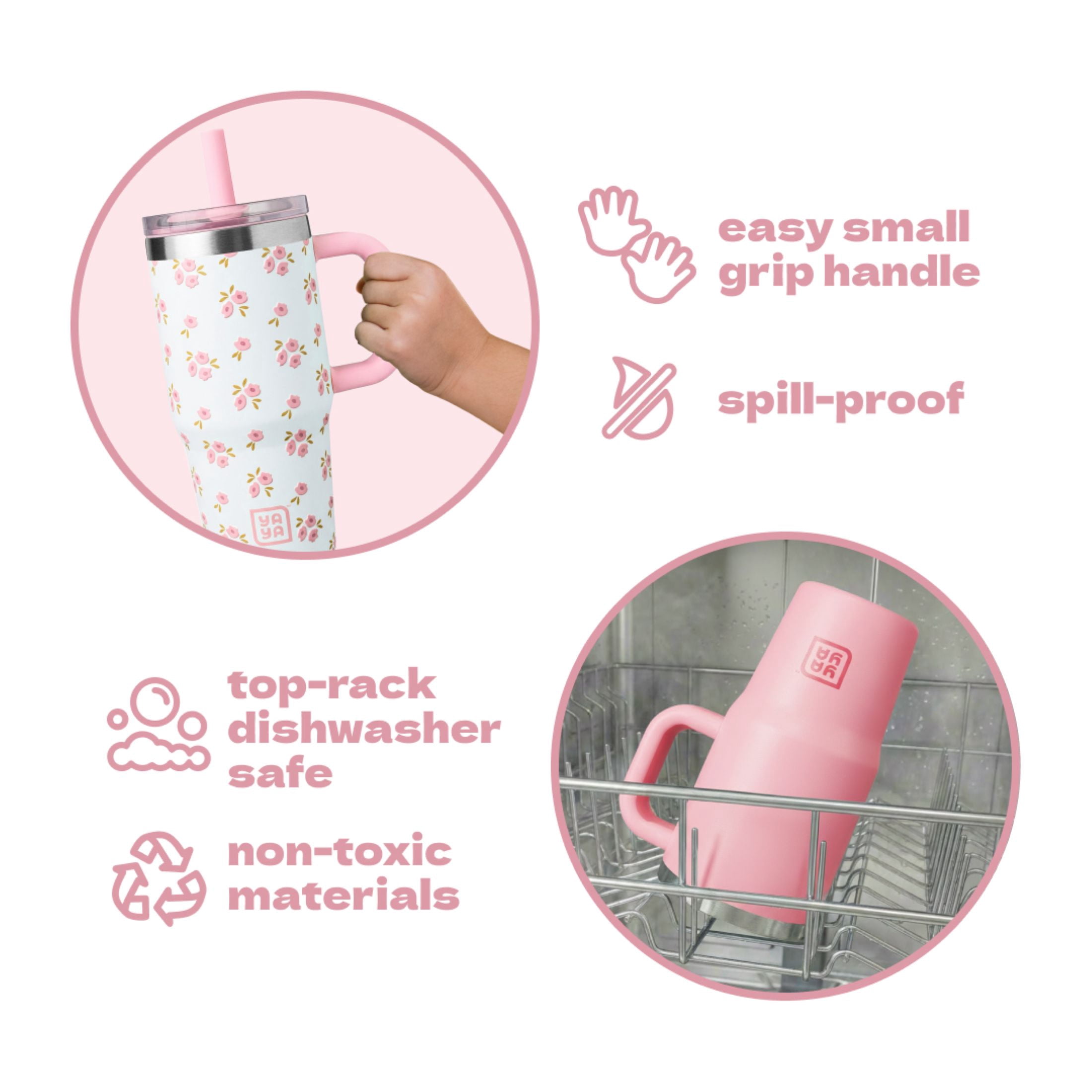 YAYA Mom & Me Tumbler Set, Matching Insulated Stainless Steel Tumblers with Spill-Proof Toddler Tumbler & Reusable Straw, Ergonomic Grip Handle, Dishwasher Safe, 40oz + 12oz, Floral