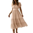 thumbnail image 2 of Ovbmpzd Plain Flowy Casual Summer&nbsp;Dresses&nbsp;for Women Khaki Puff Sleeve A-Line Smocked Square Neckline Long Summer&nbsp;Dresses&nbsp;for Women,S, 2 of 5