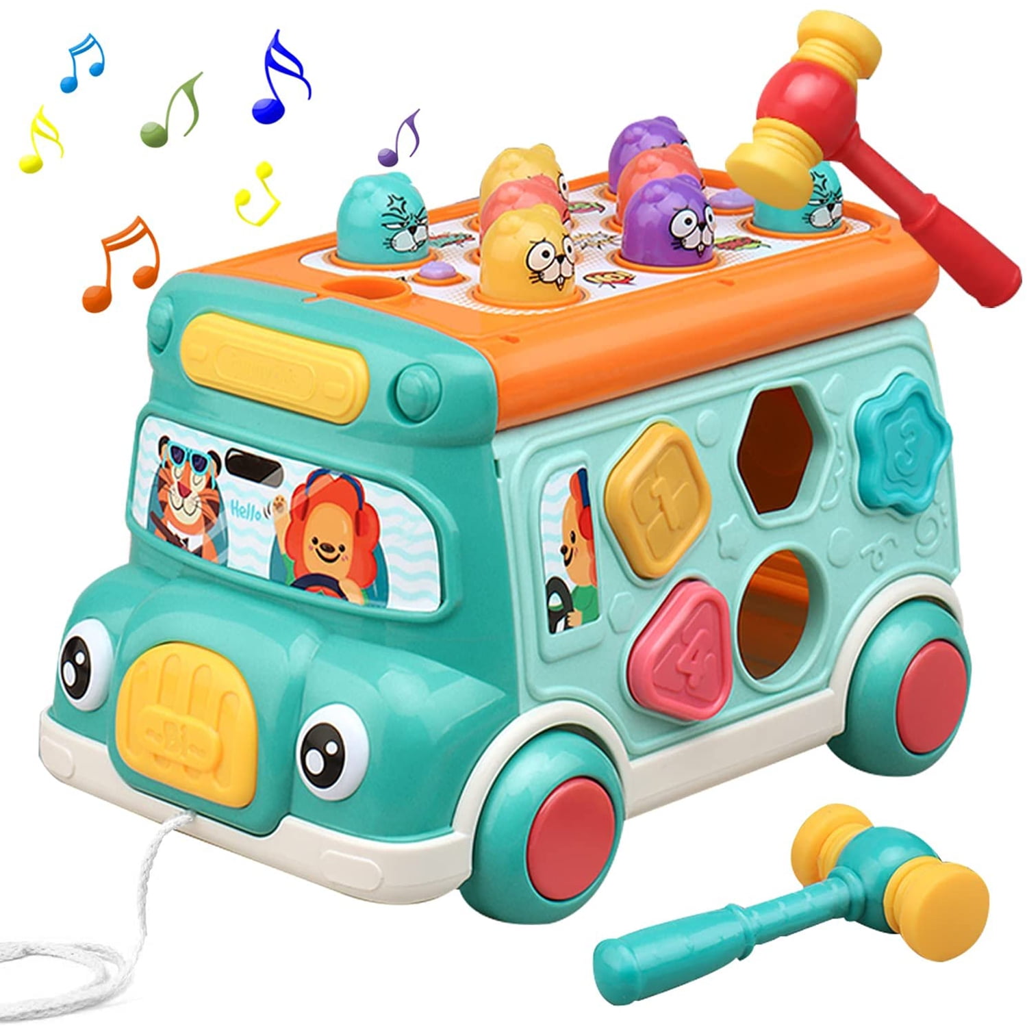 Husfou Push Pull Bus Toy, Baby Musical Learning Toys with Sound and Light, Whack-a-Mole Game, Shape Matching, Gear, Toy Clock, Activity Bus Toy Early Educational Christmas Gift for Toddler