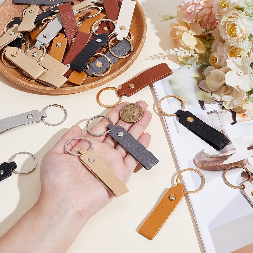 64Pcs 16 Colors PU Leather Keychain with Iron Key Rings Mixed Color 9.5x1.6cm 4pcs/color