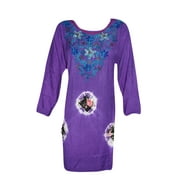 Mogul Womens Peasant Tunic Dress Neck Embroidery Tie -Dye Purple Rayon Blouse Kurti M