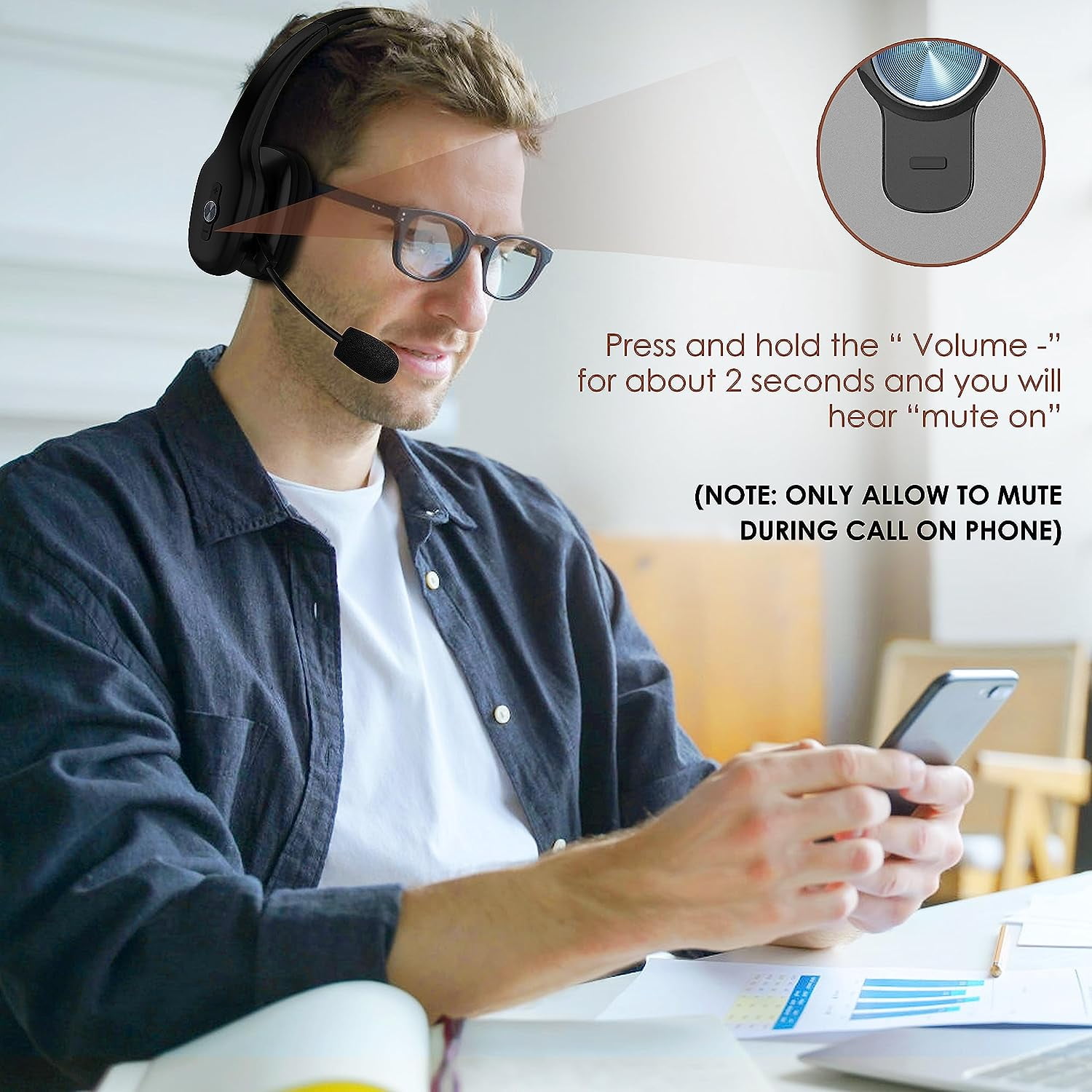 Bluetooth Headset, Trucker Wireless Headset with Noise Cancelling Microphone & Mute Button, 50Hrs Playtime, Wireless On-Ear Headphones with Mic for Home/Cell Phone/Computer/Zoom/Teams/Driver(Black)